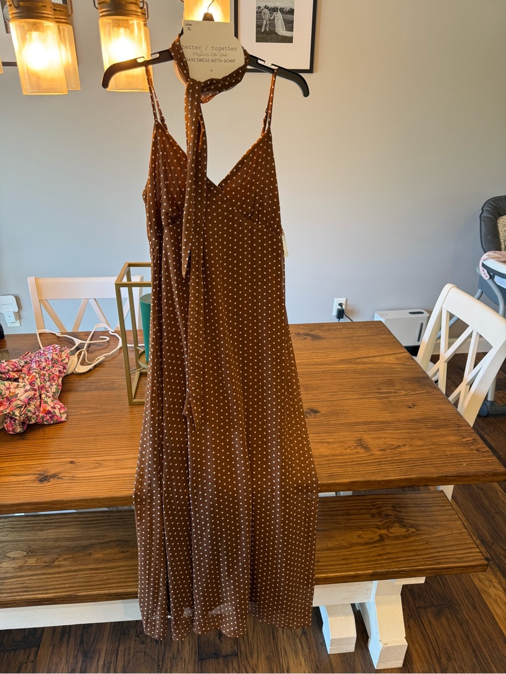 Polka Dot Brown Maxi Dress with Tie Neck